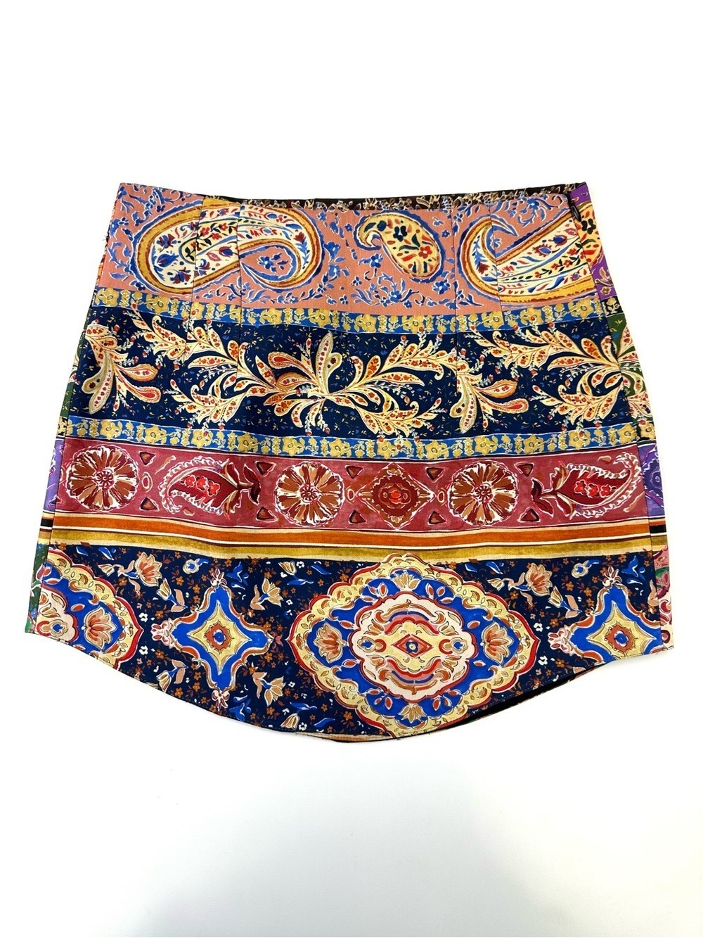 Zara Satin Print Mini Skirt Paisley Boho Side Zip Medium